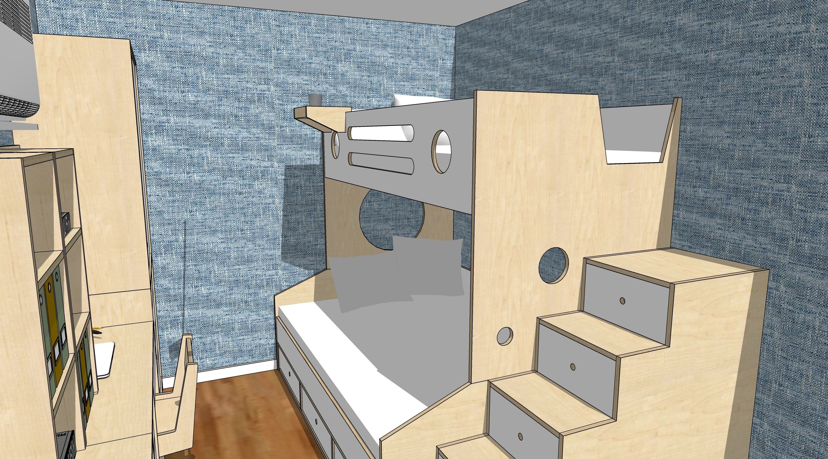 Bedroom floor plan with modular furniture and Marino bunk bed.