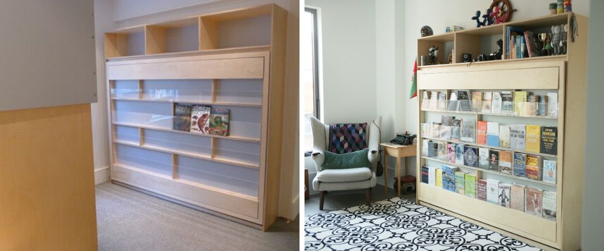 Two images of large wooden bookshelves: one in an empty room, and another filled with books and toys in a cozy corner.