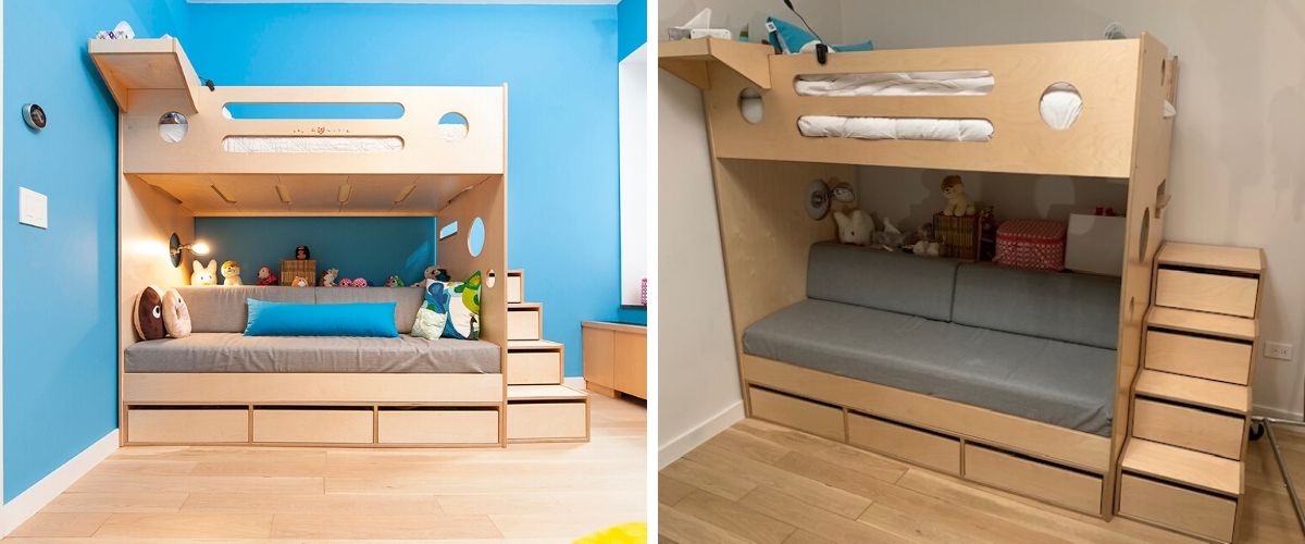 Two images of modern bunk beds: one with blue bedding and toys, the other with gray bedding and storage drawers.