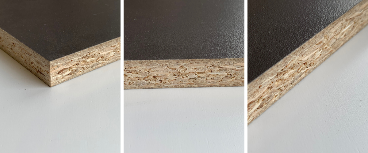 Three angled views of a brown particle board corner, showcasing texture and color.