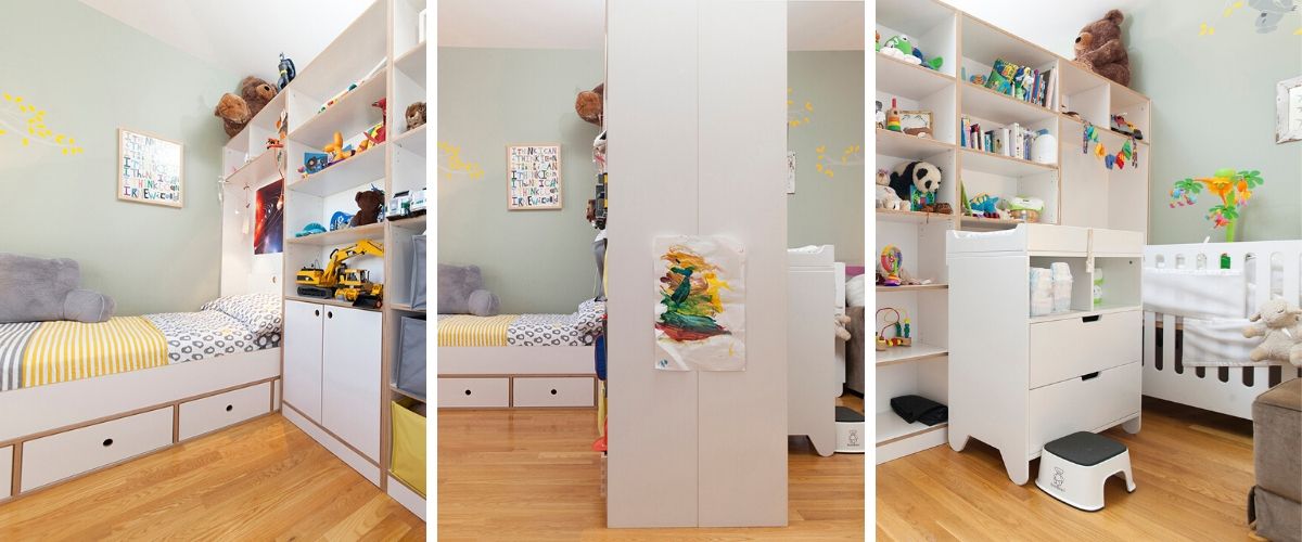 Three connected images of a child's bedroom: beds with storage, a wall-mounted desk, and shelves filled with toys.
