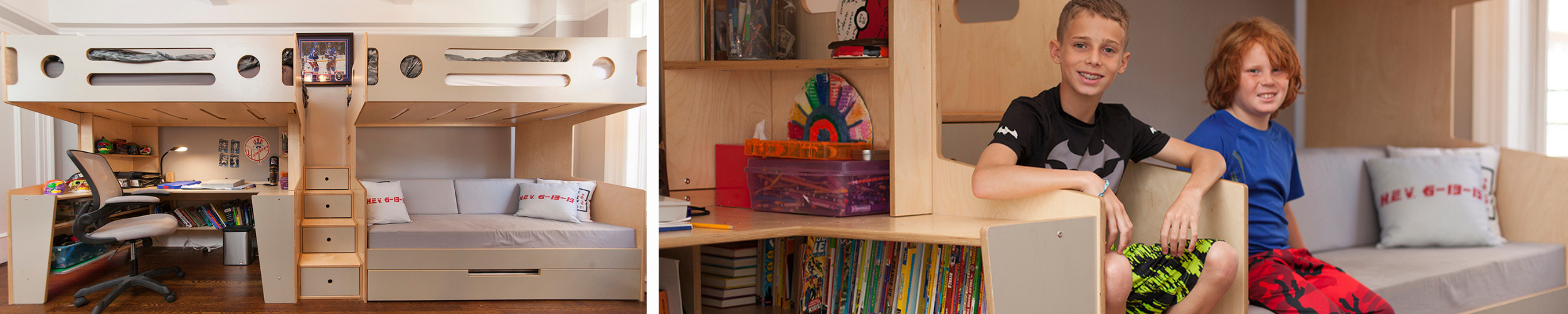 Two images: left, bunk bed with study area below; right, two boys smiling, sitting on a bed.