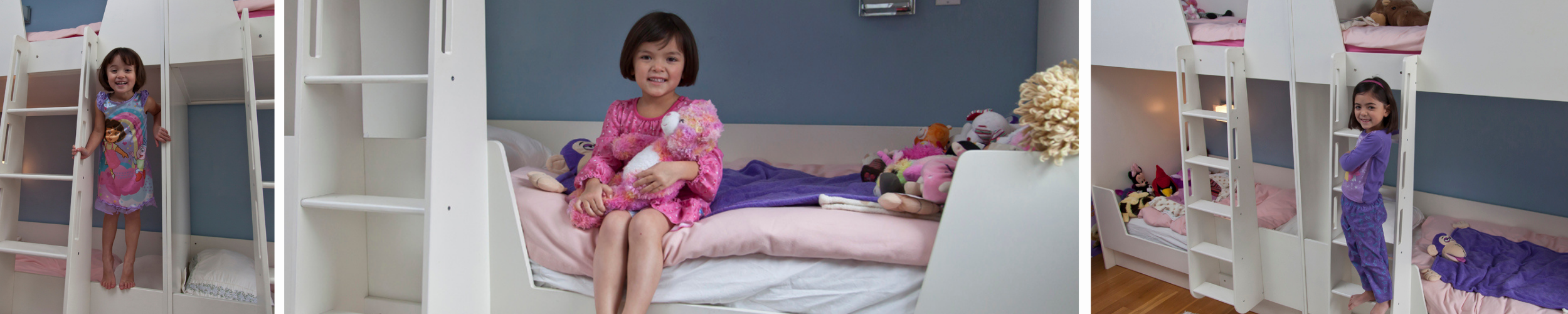 Three images of a girl: climbing bunk bed, sitting with a book on bed, peeking from behind ladder.