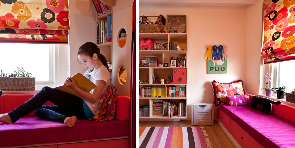 Collage of images: a girl reading on a pink window seat in a room; second view shows the bookshelf and seating area.