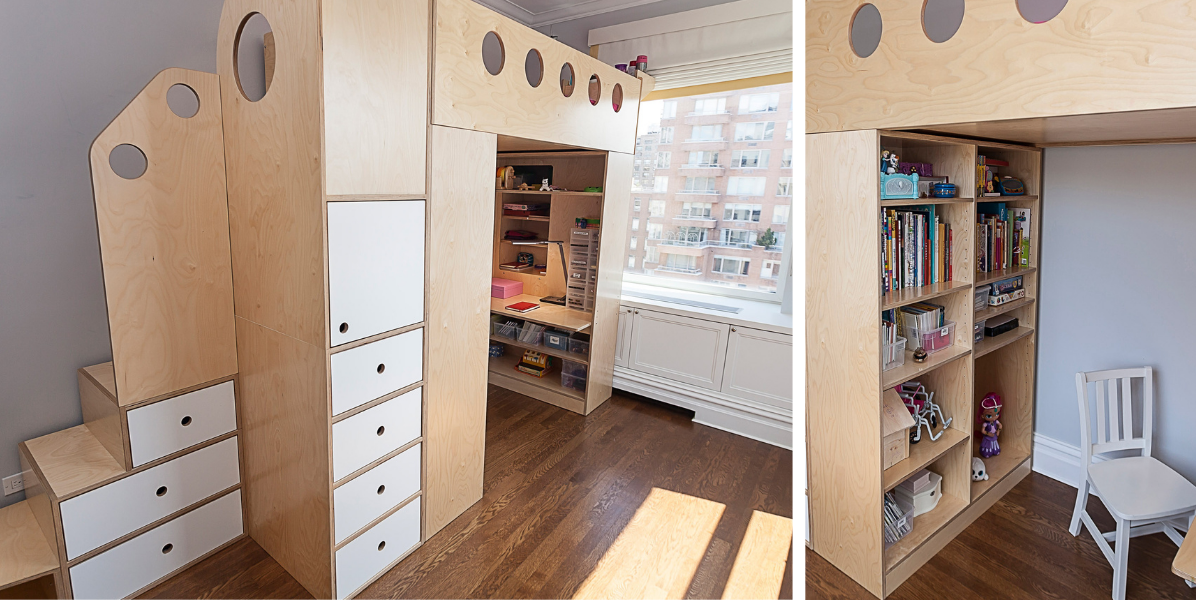 Collage of a wooden room divider with built-in storage and a cozy reading nook by a window, filled with books and toys.