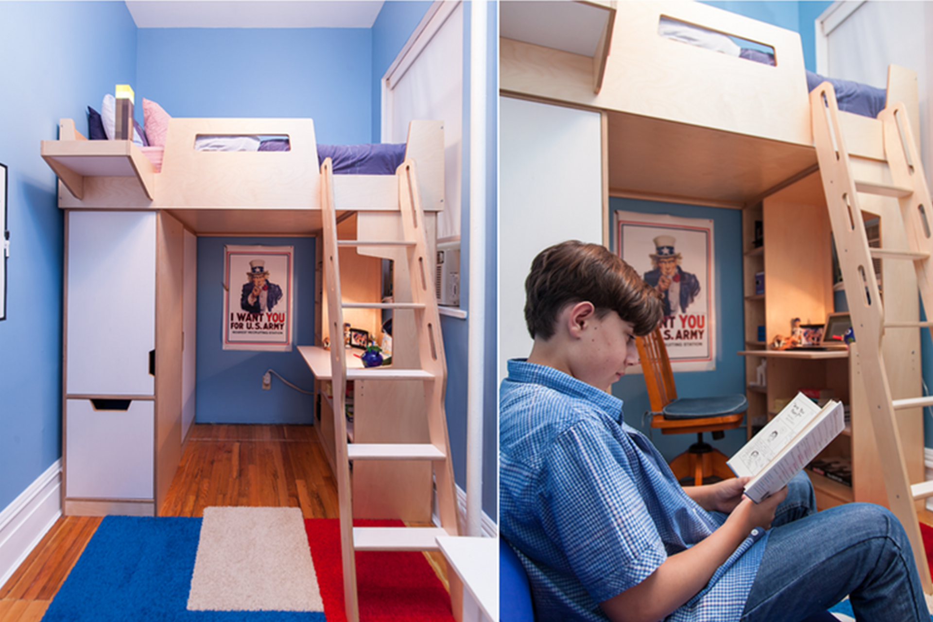 Collage of images: a blue room with a loft bed and desk underneath, featuring a boy reading a book.