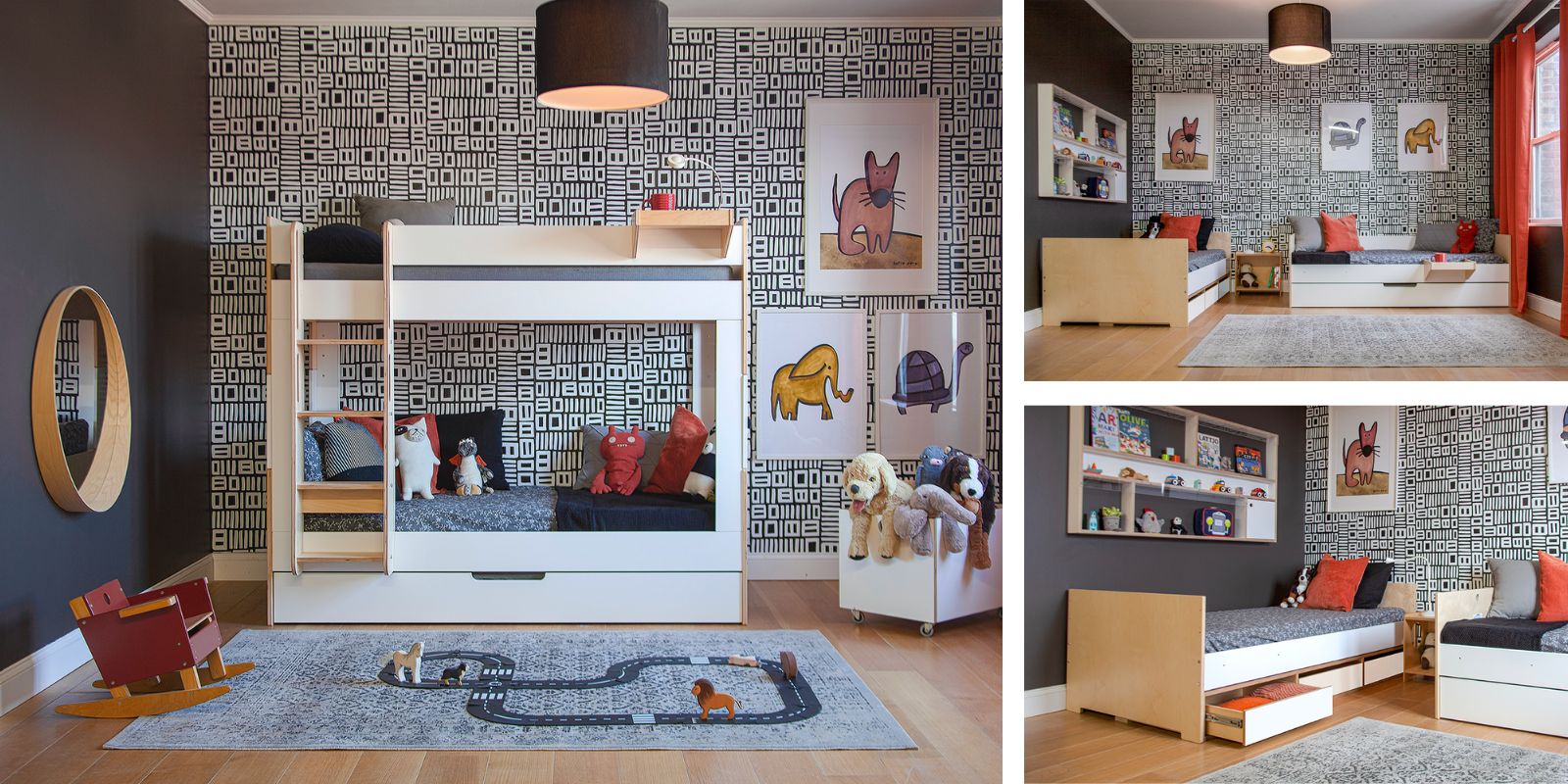 Triple panel image of a stylish child's room with a murphy bed, playful decor, and modern furniture