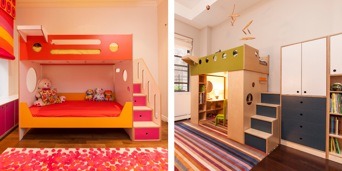 Collage of images: left, a pink and orange bunk bed with toys; right, a fort-style bed with storage and a play area.