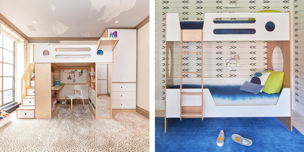 Collage of images: A loft bed over a study area in a plush room, a cozy bed setup with a height chart on the wall.