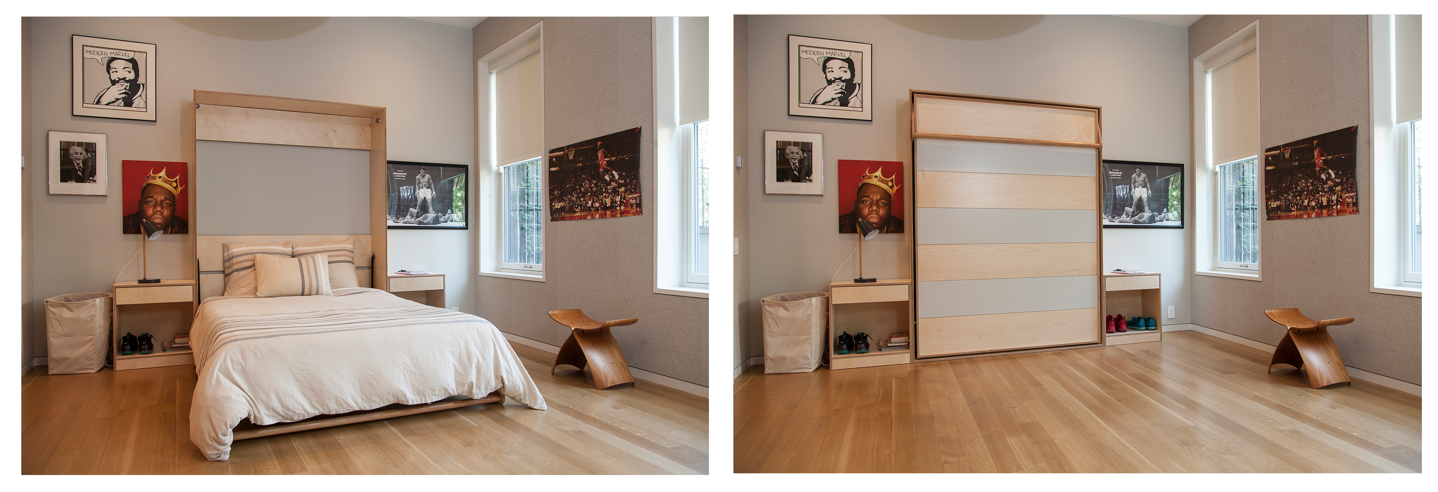 Split image showing a murphy bed down as a full bed and folded up, in a room with artistic decor.