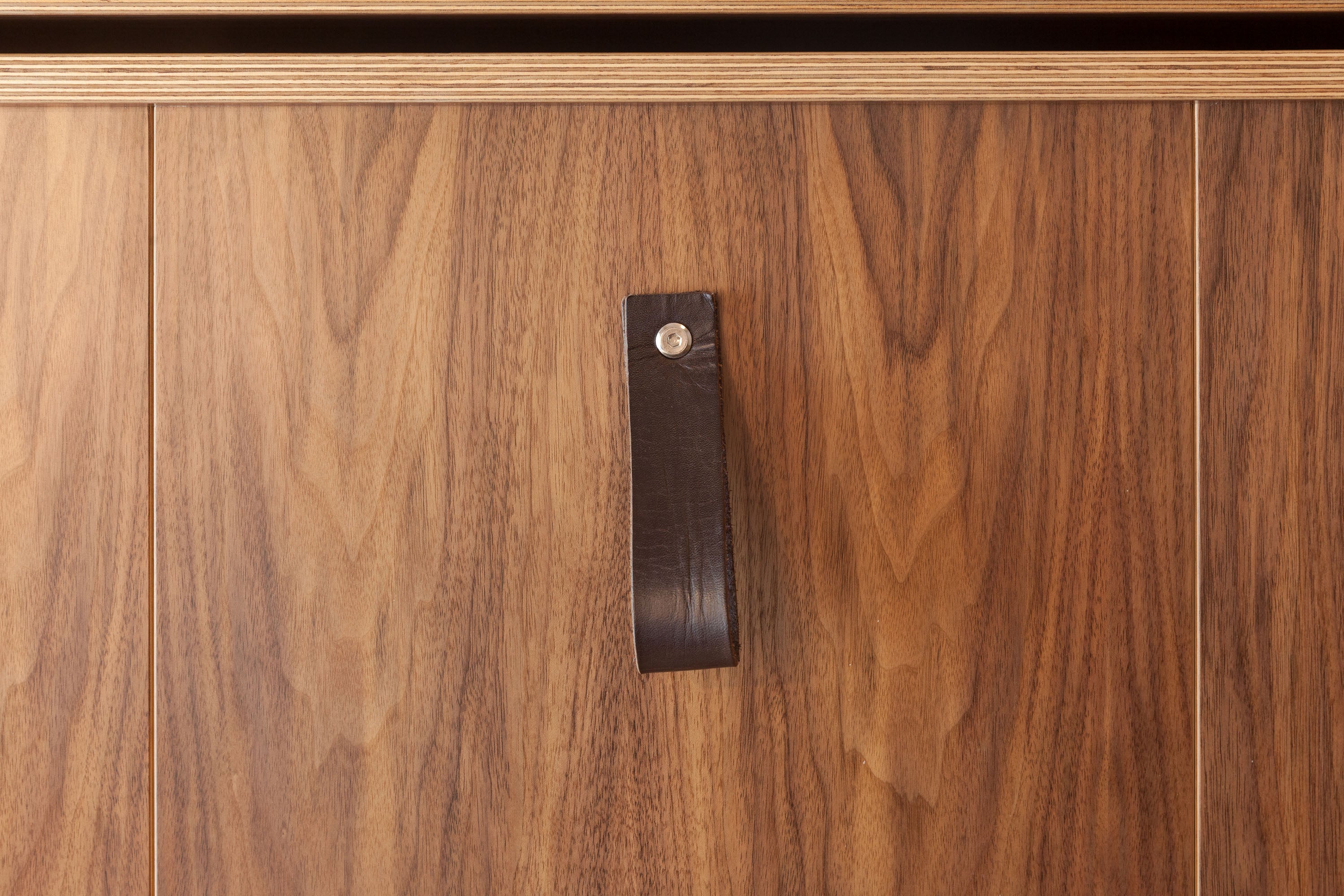 Close-up of a wooden cabinet with a sleek black handle.