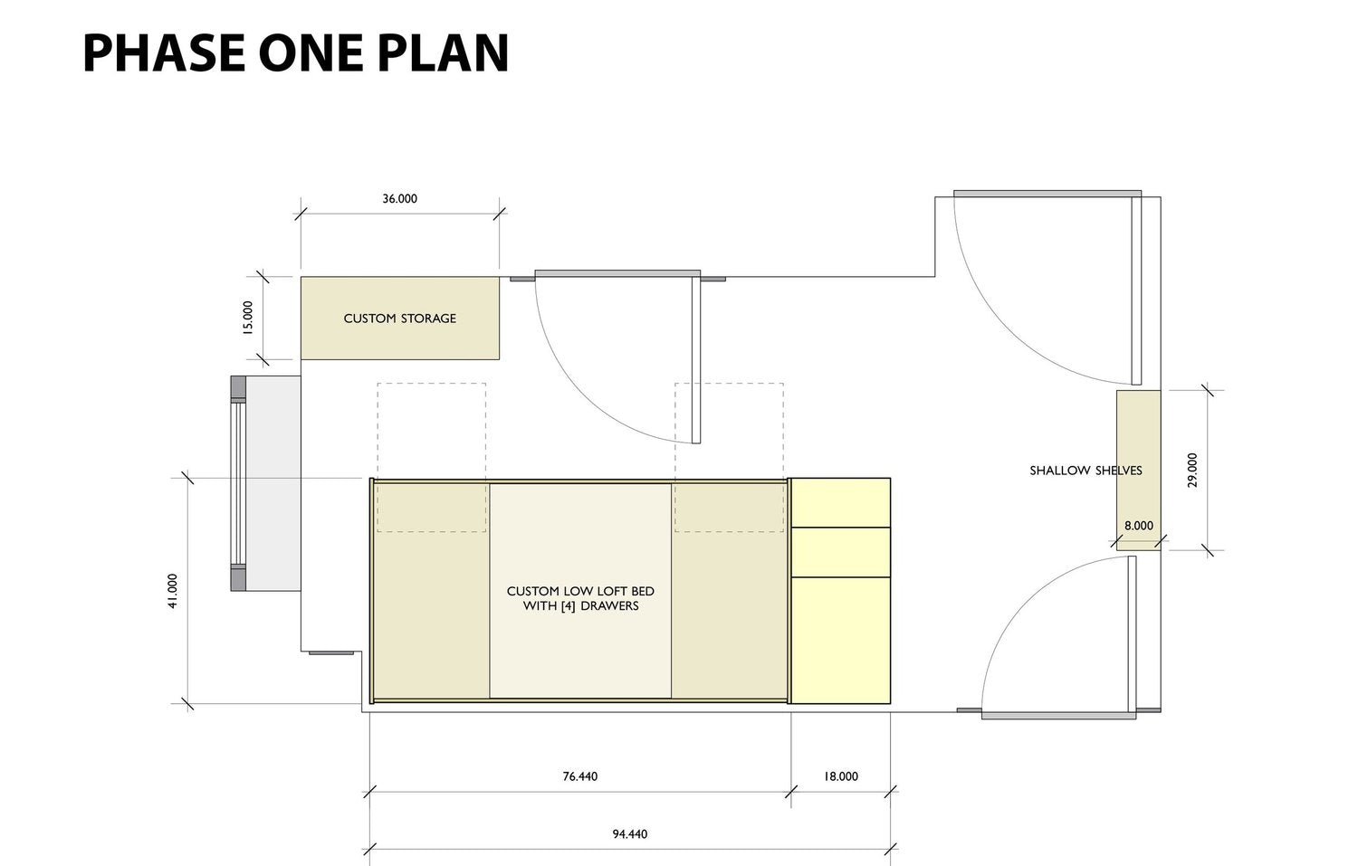 Architectural plan with custom storage, loft bed, and shelves labeled ‘PHASE ONE PLAN’