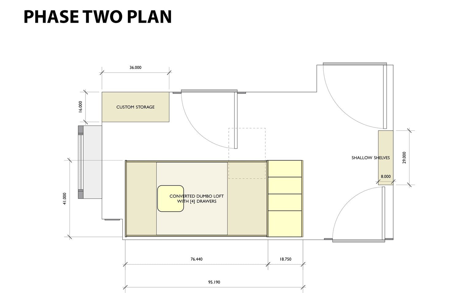 Architectural plan titled ‘PHASE TWO PLAN’ with room layout and detailed dimensions