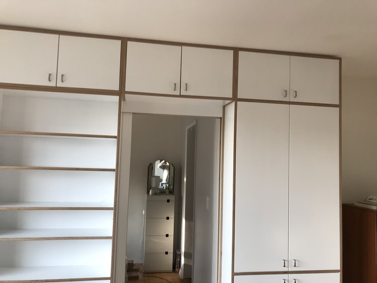 Modern room with large white built-in wardrobe and shelving unit next to an open doorway.