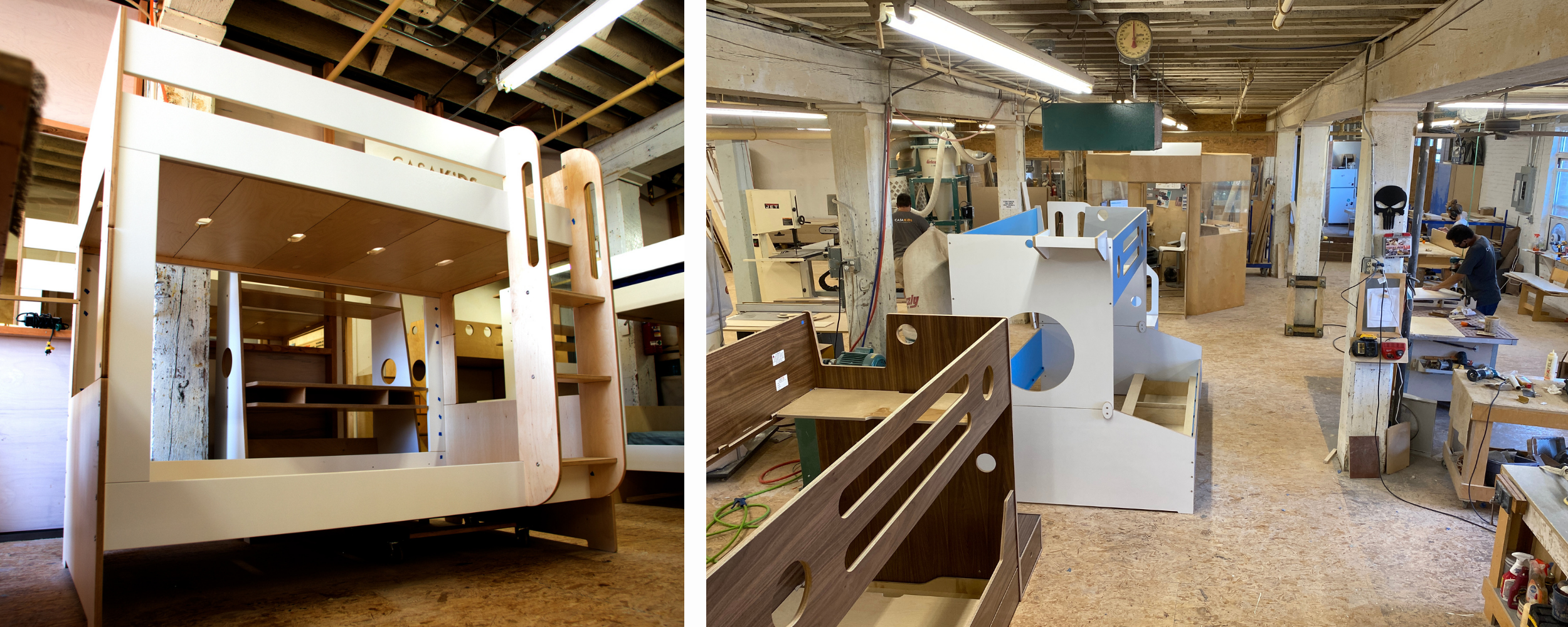 Collage: workshop scenes with furniture under construction, including a detailed view of a bunk bed.