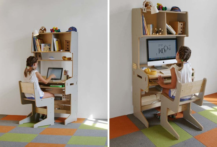 Space-saving wooden workstation with shelves, desk, and chair for compact areas.