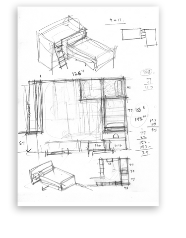 Detailed hand-drawn sketches of furniture with dimensions, including a bed and cabinets.
