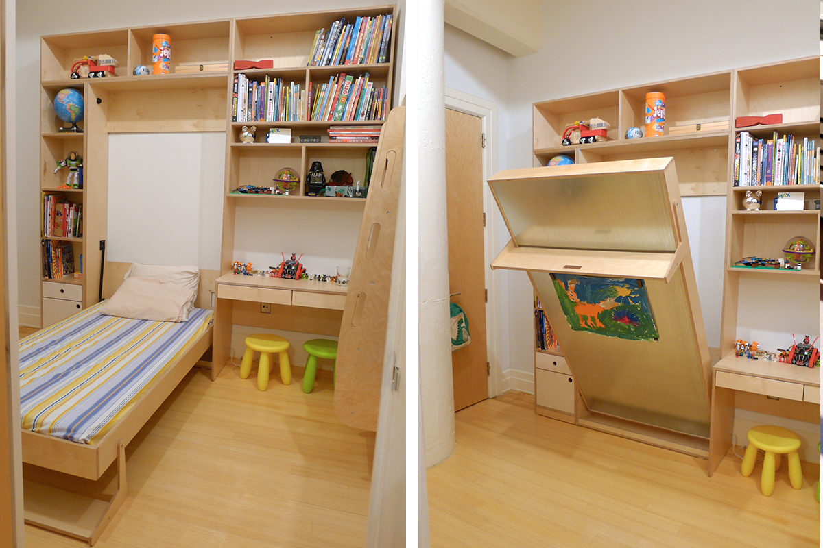 A cozy child’s room with a bed, shelves, a desk, various toys, and books.