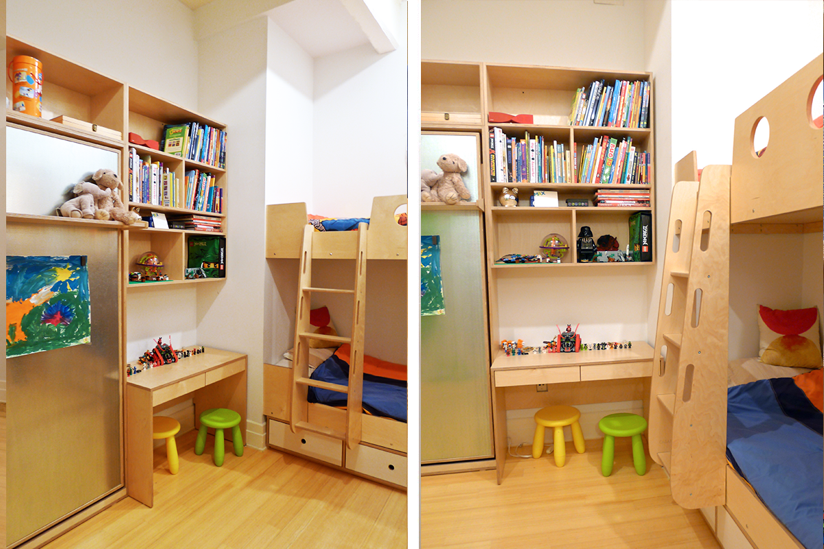 A vibrant children’s bedroom with a bunk bed, bookshelf, toys, and colorful decor.
