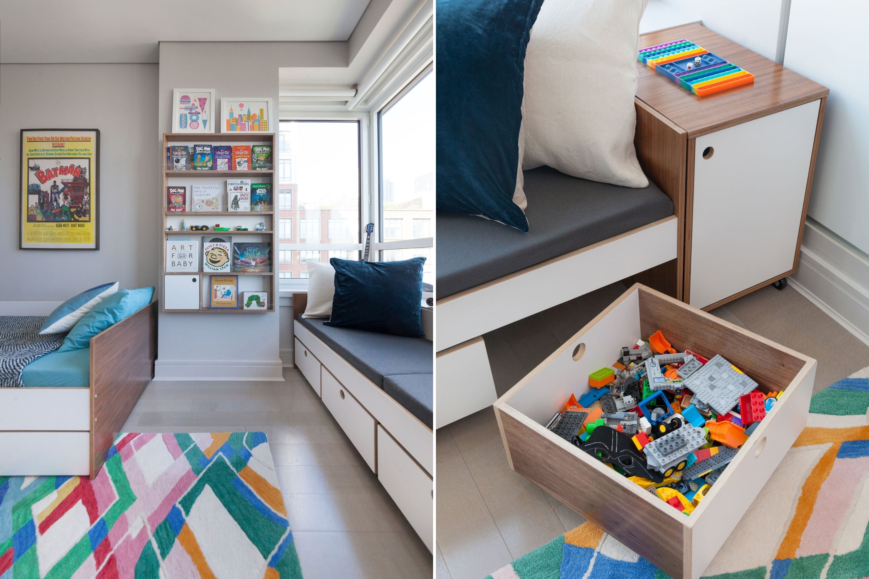 Bedroom with bed, bookshelf, colorful rug, side table, and LEGO bricks.