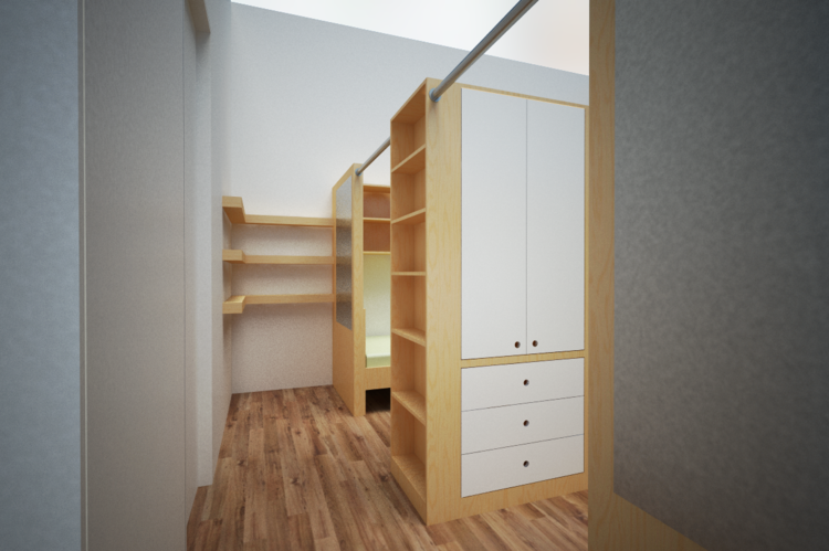 3D rendering of a corridor in a home with built-in wooden shelving and storage cabinets, showcasing modern design.