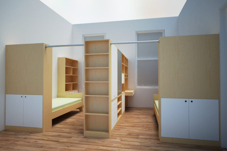 3D model of a children's bedroom with two beds, built-in shelves, and storage cabinets, all in light wood finish.