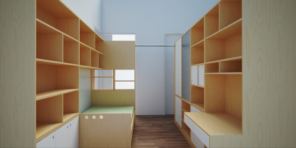 3D rendering of an interior space with wooden shelving and seating areas, featuring a central walkway.
