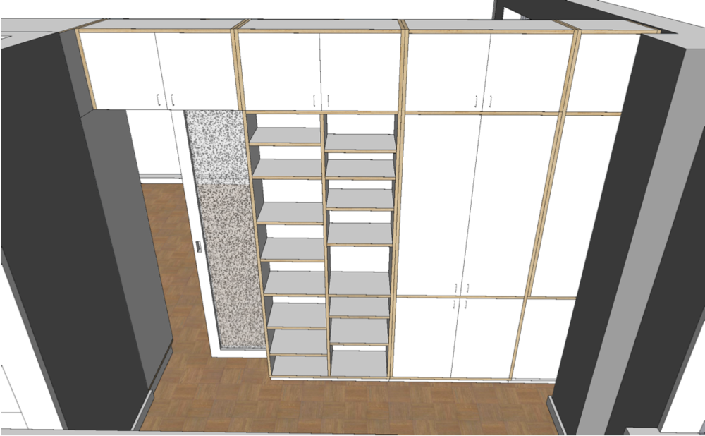 Top-down 3D render of a modern room layout with large white wardrobes and a central staircase.