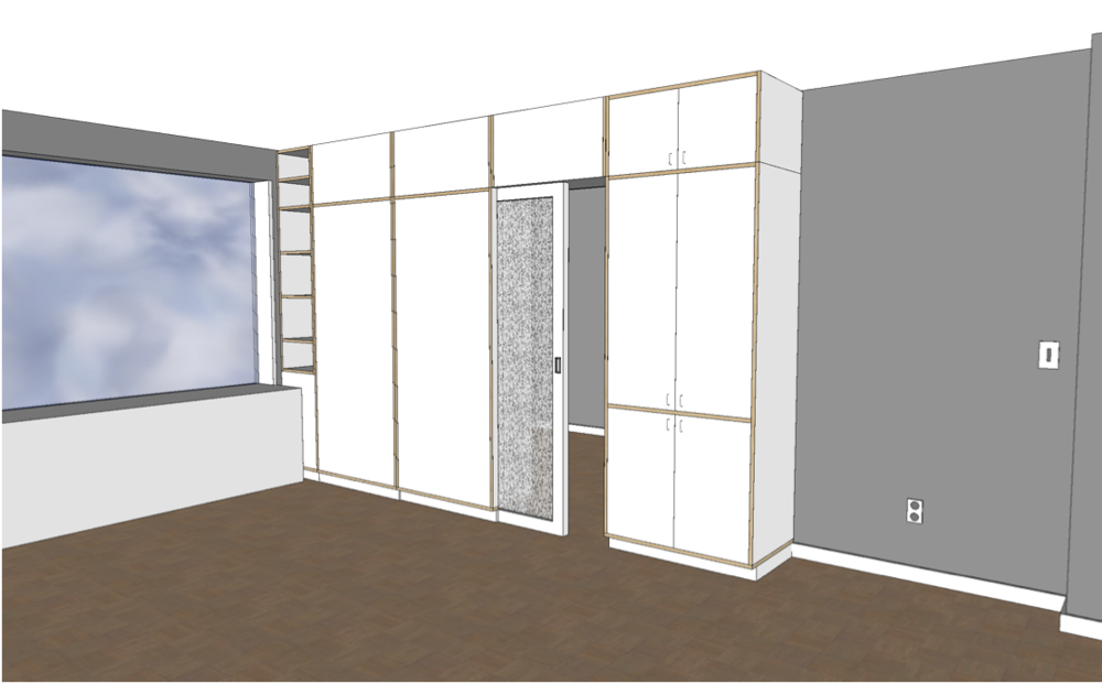 3D render of a modern room with large wardrobes by a window showing a sky view and gray walls.
