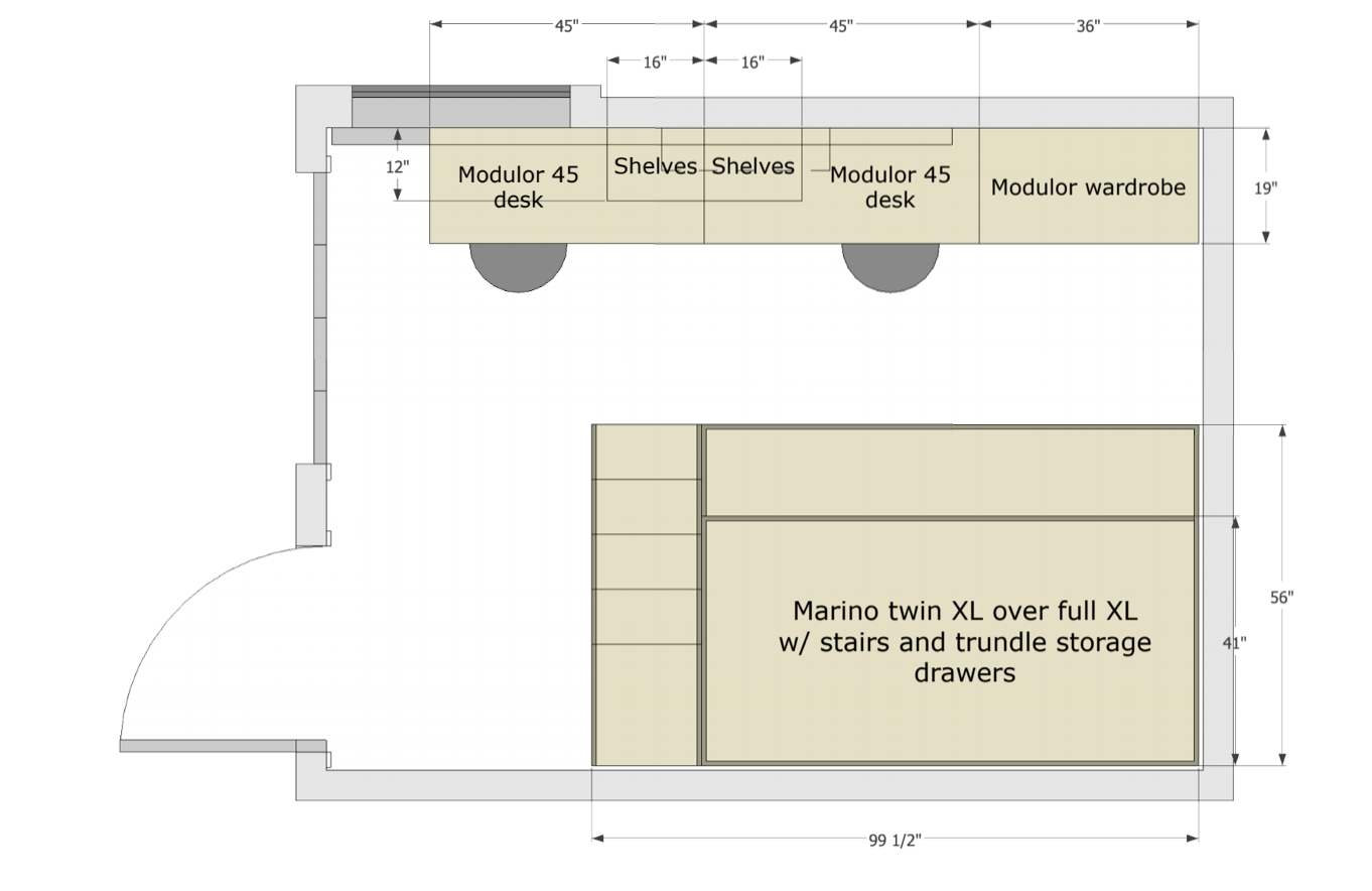 Bedroom floor plan with modular furniture and Marino bunk bed.