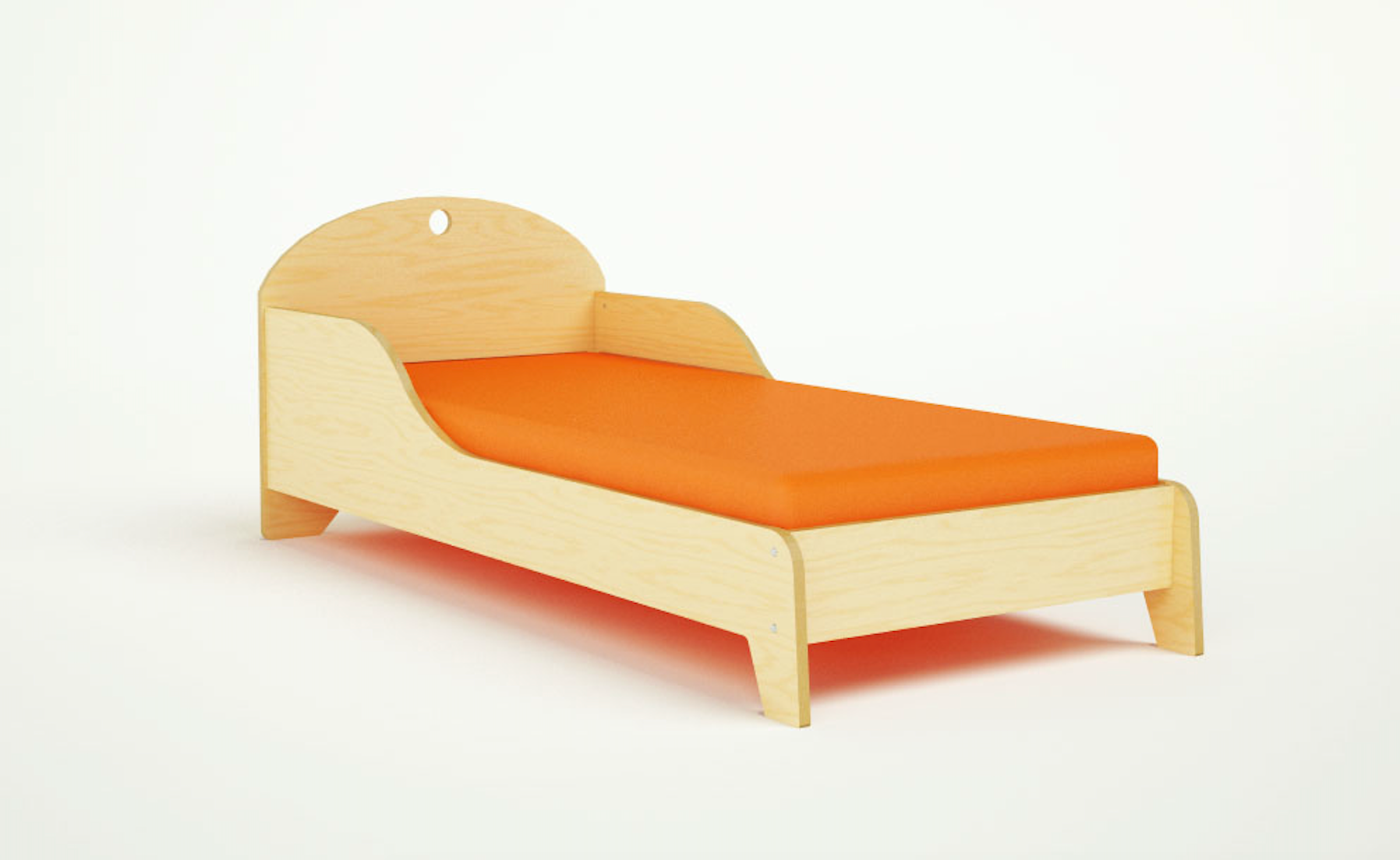 Modern wooden toddler bed with a bright orange mattress, set against a clean white background.