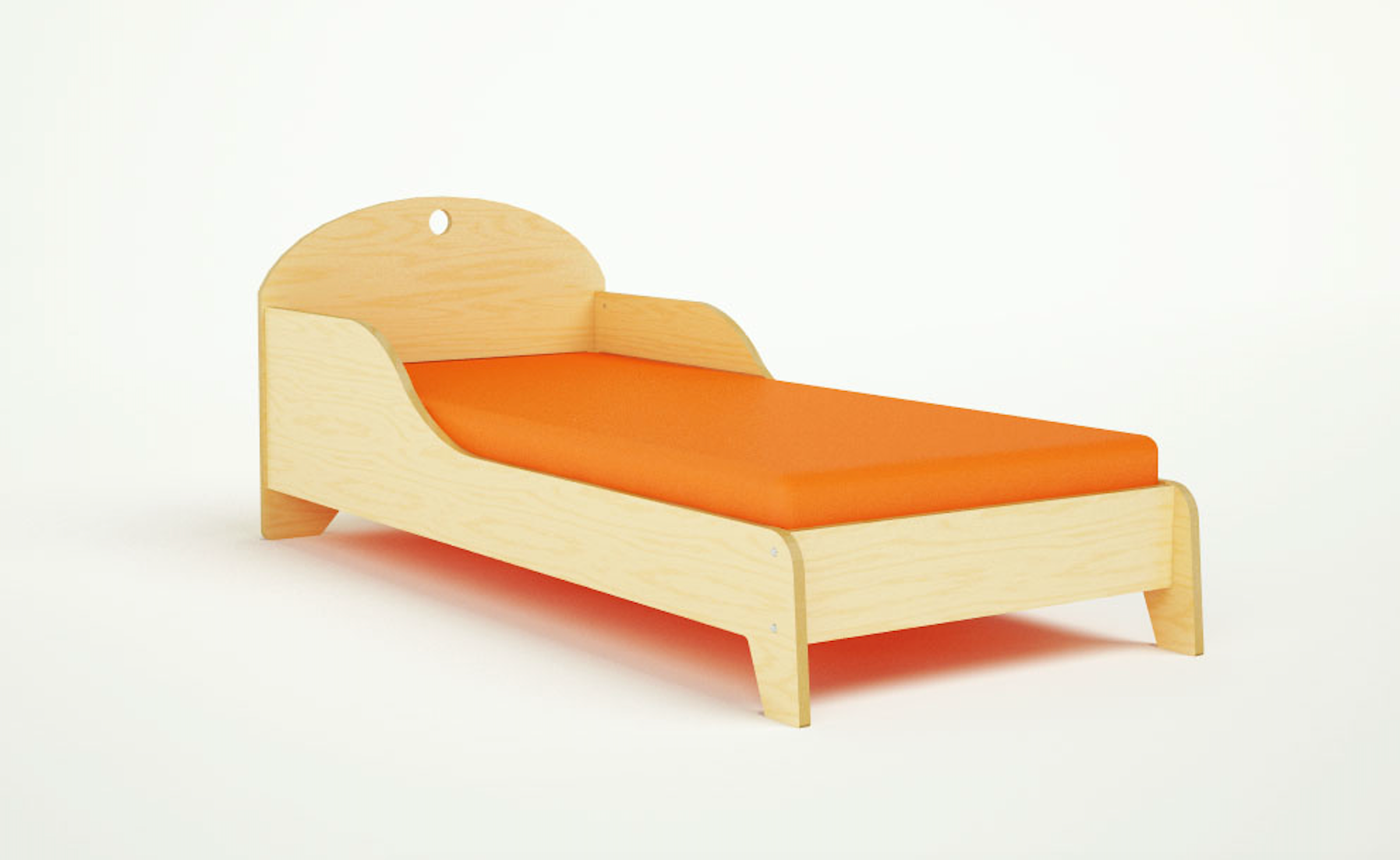 A wooden bed with orange sheets 