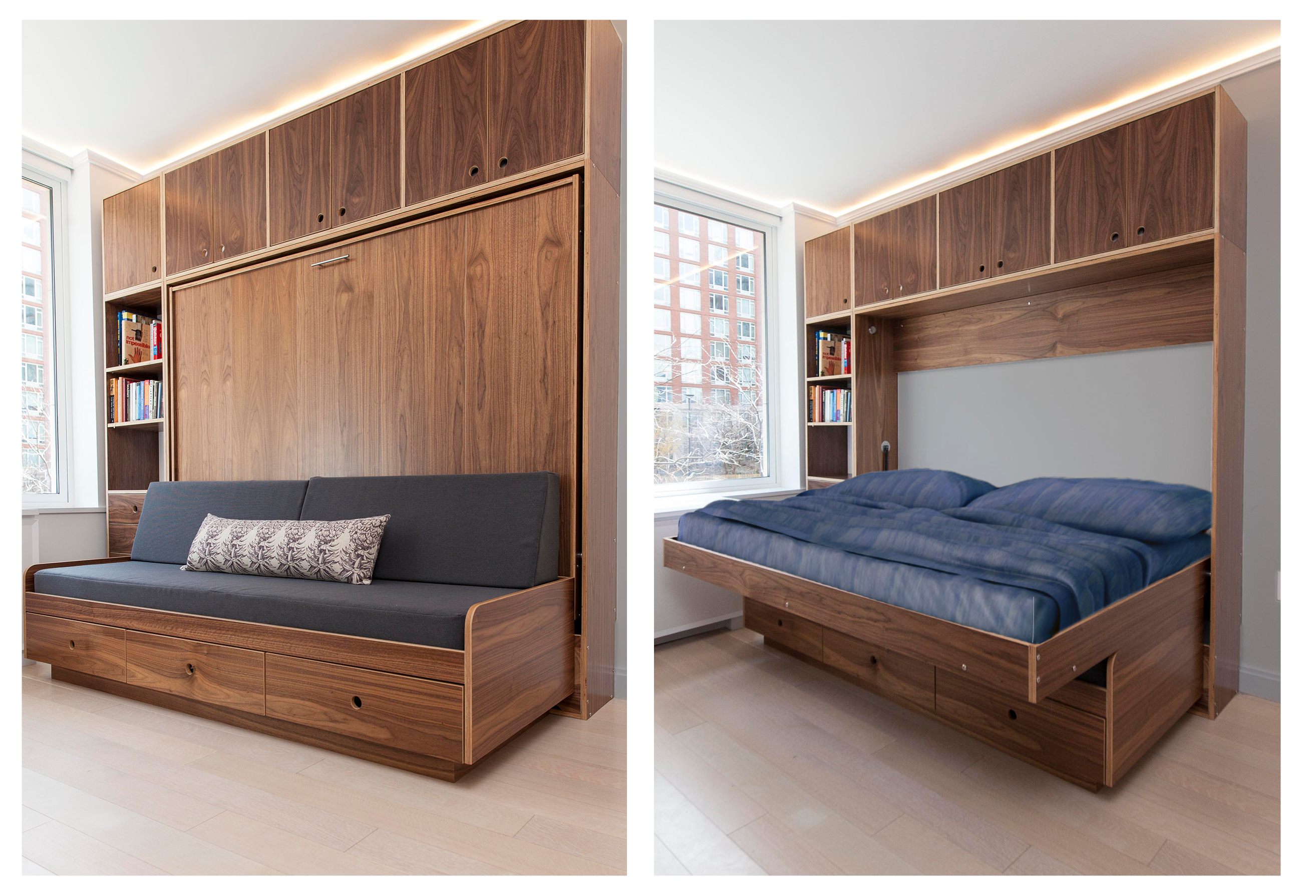 Split image of a room with a murphy bed in sofa and bed mode, wooden finish and modern design.