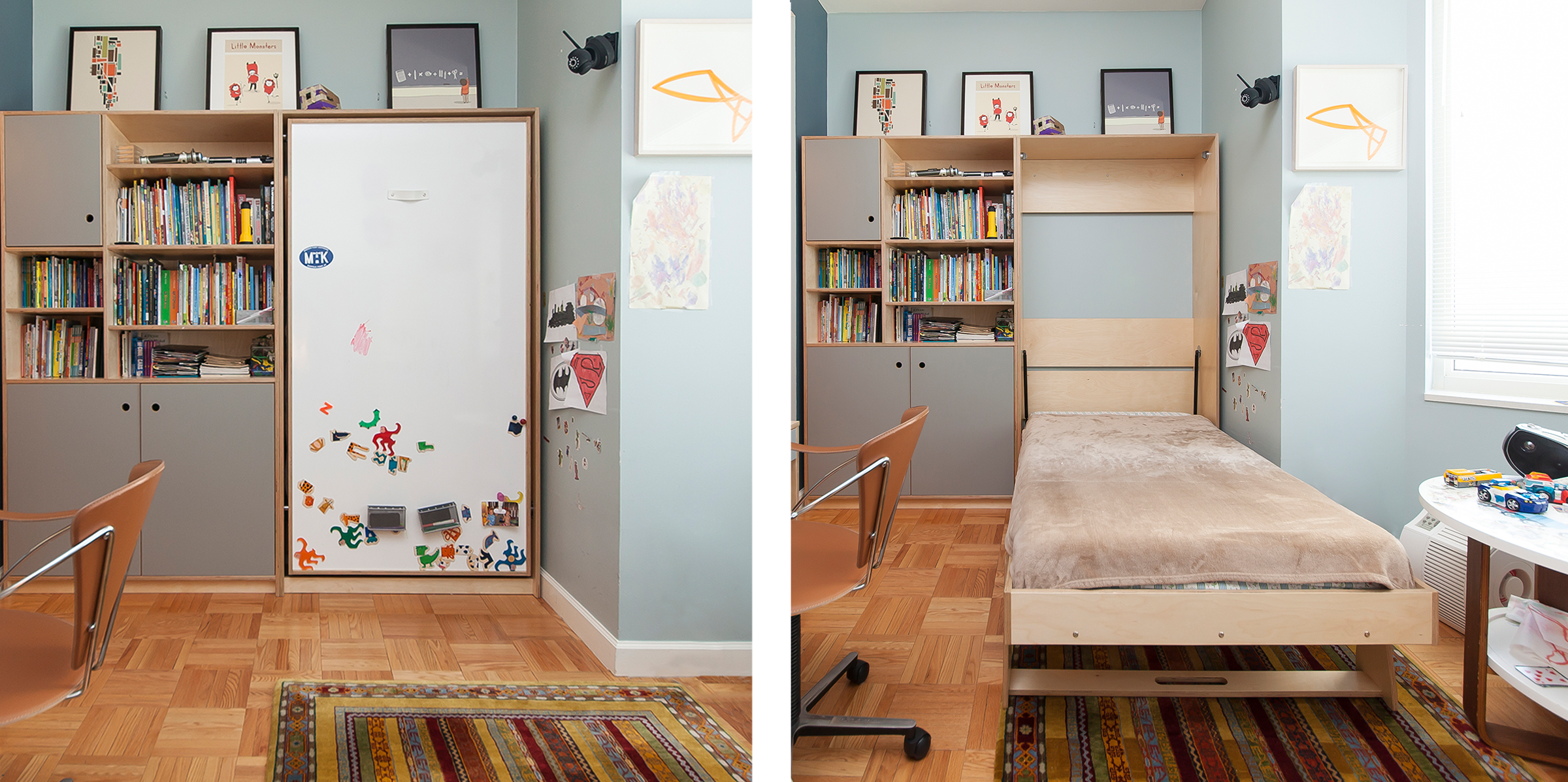 Split image of a child's room with a murphy bed, closed with decorations and open with bed extended.