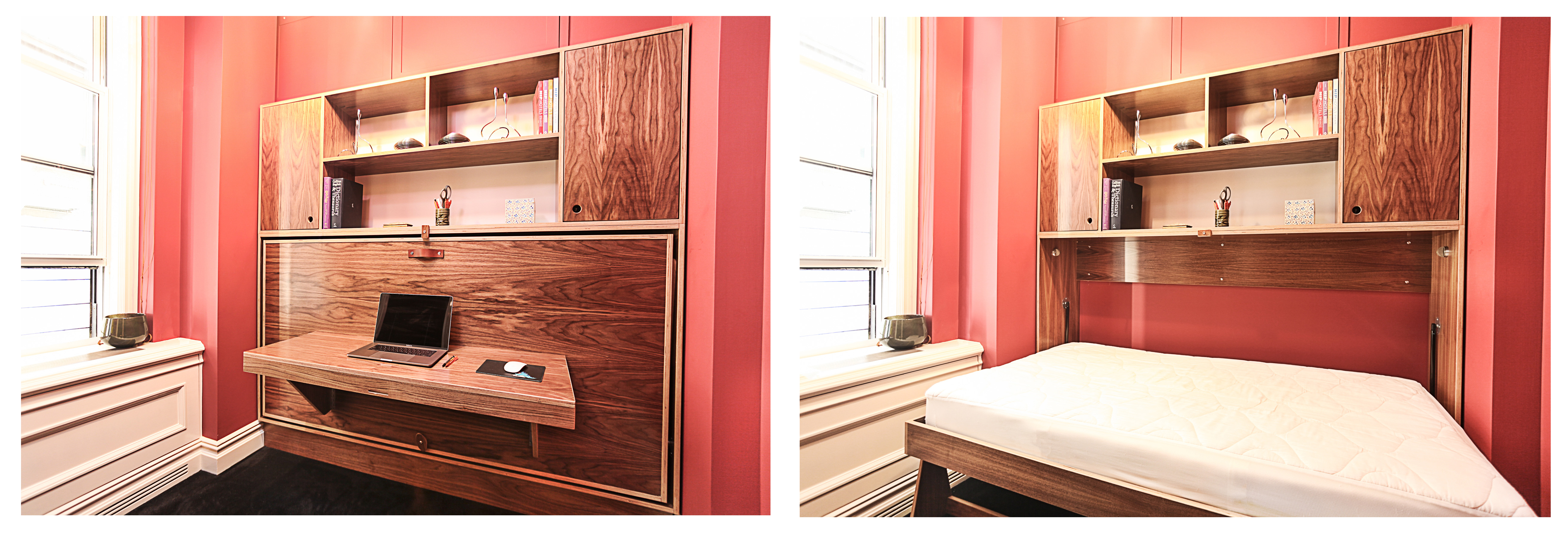 Split image of a home office with a murphy bed, showing desk setup and bed down in a red room