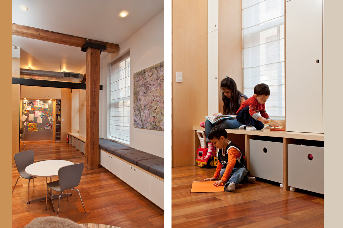 Interior with wooden beams, children playing, modern furniture.