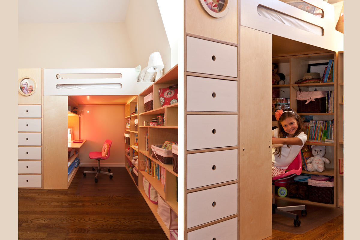 Cozy child’s room with bed, desk, shelves, and plush toys.