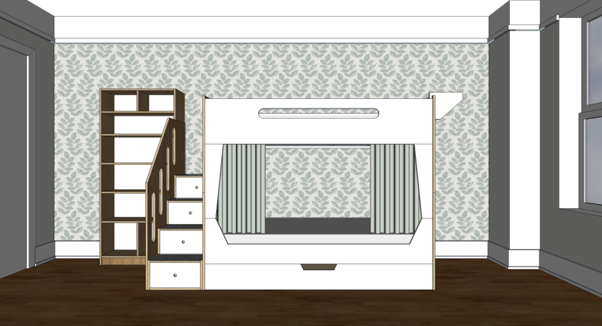 Digital rendering of a room with window seat, drawers, and ladder.