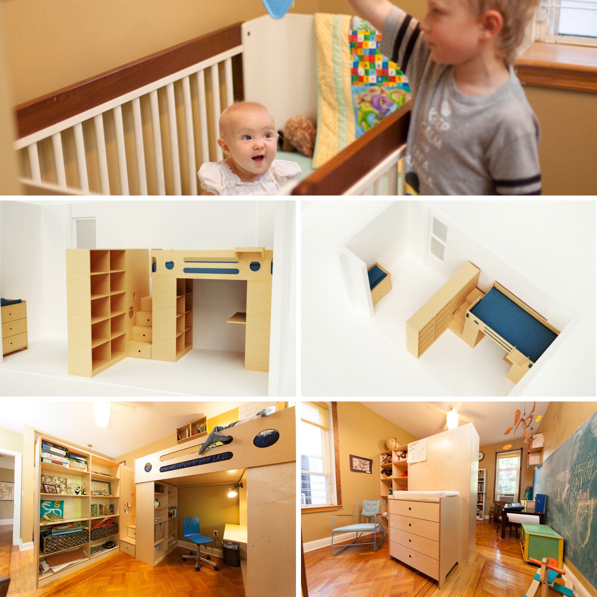 Collage of kids' rooms: baby in crib, and diverse setups with beds, desks, and shelves.