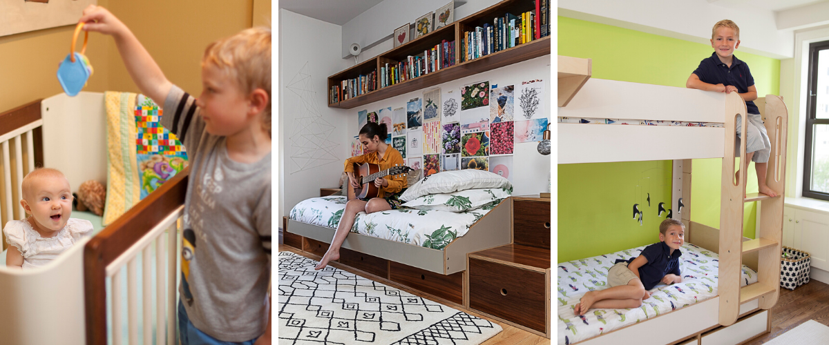 Collage of three children in bedrooms with beds, decor, and personal items.