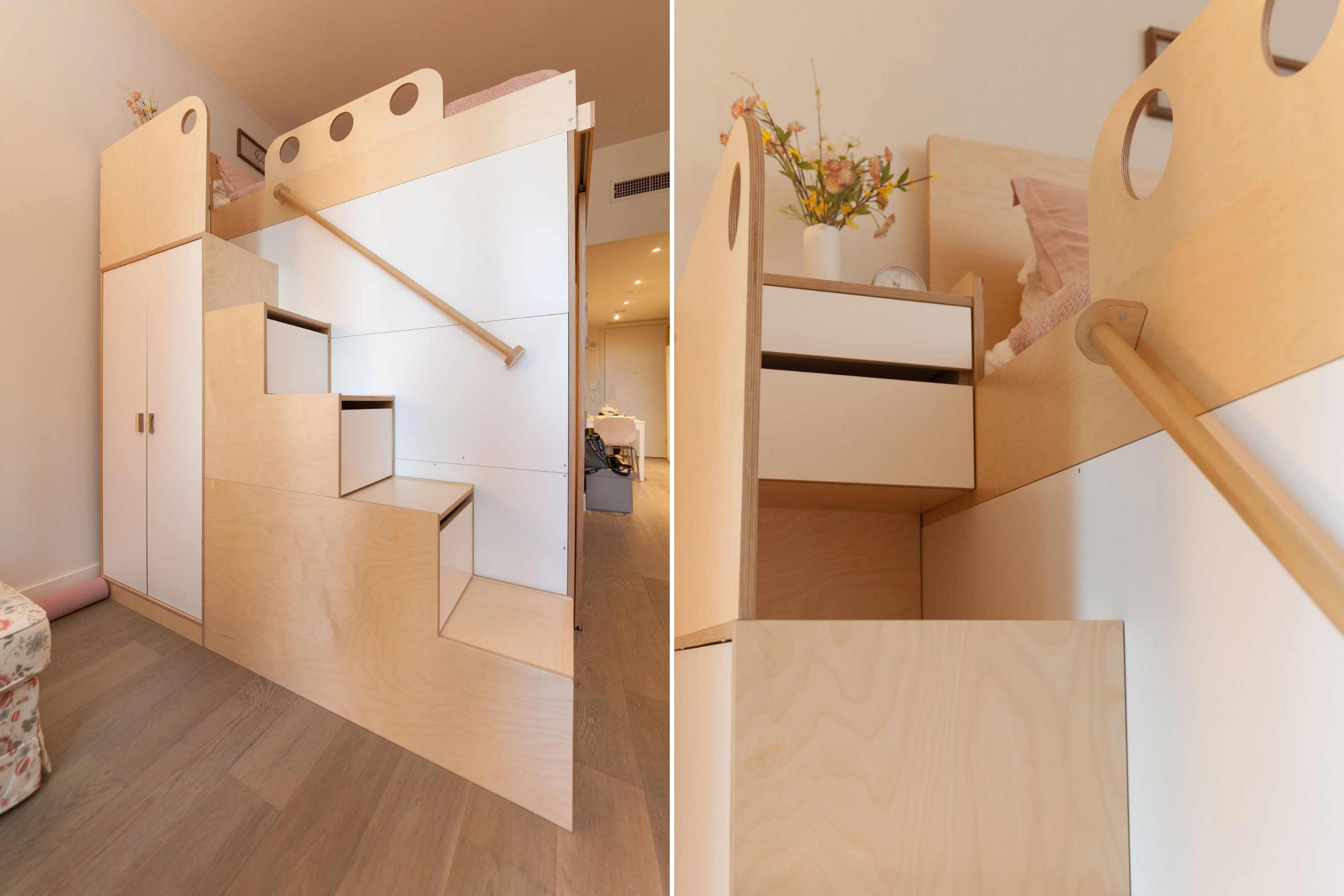 Close-up of birch-finished king-size loft bed with desk, Murphy bed, staircase, and wardrobe, with white accents.