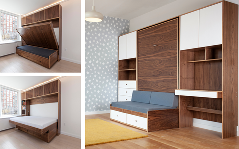 Collage of modern children's bedroom furniture including murphy beds, shelving, and a cozy nook.