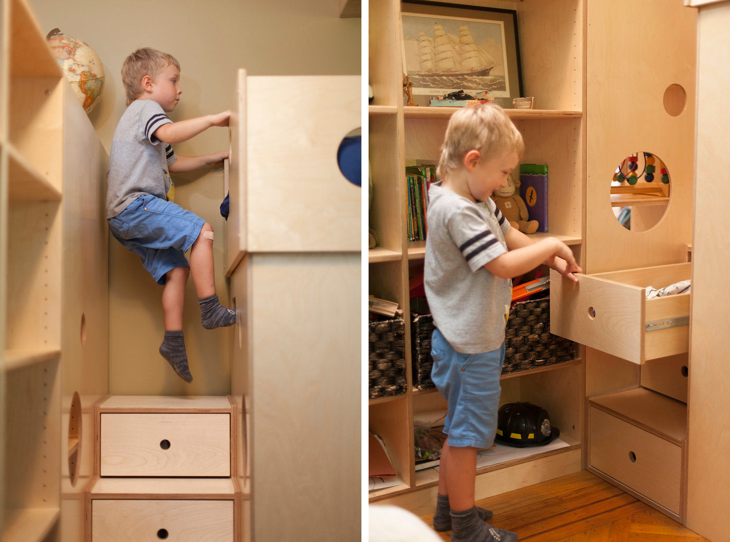 Child climbing shelf, another opening drawer in tidy room.