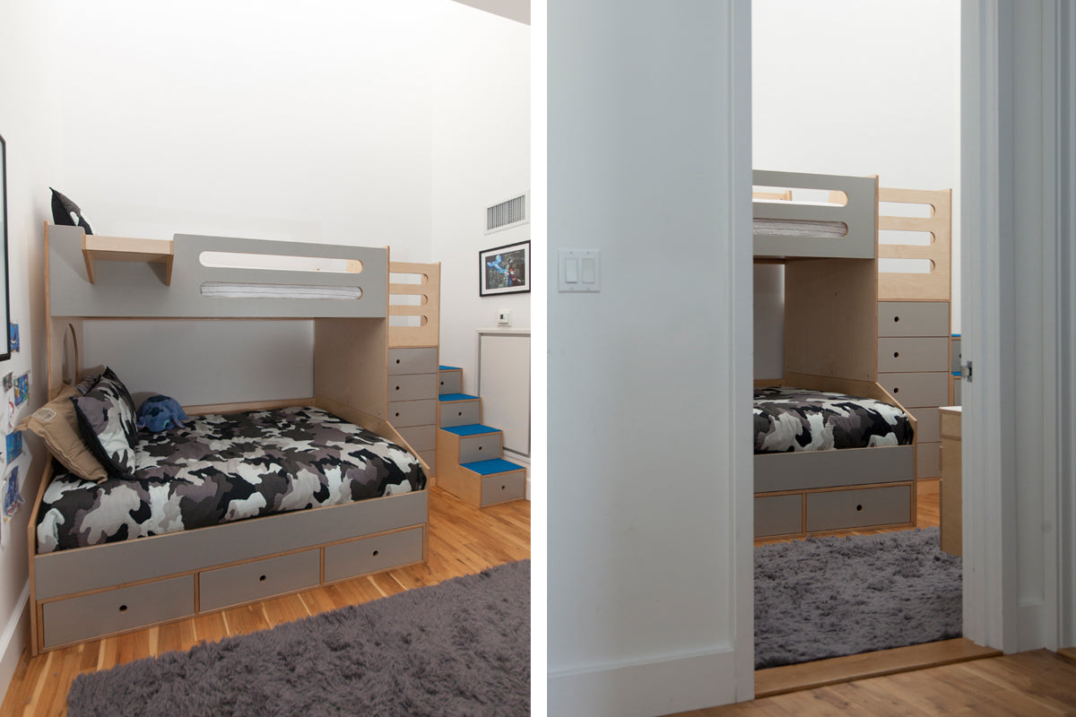 Modern bunk bed with storage in a clean, organized room.