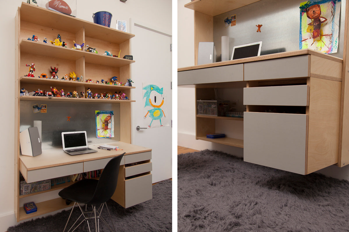 Convertible study desk and shelves with a hidden bed, optimizing space.