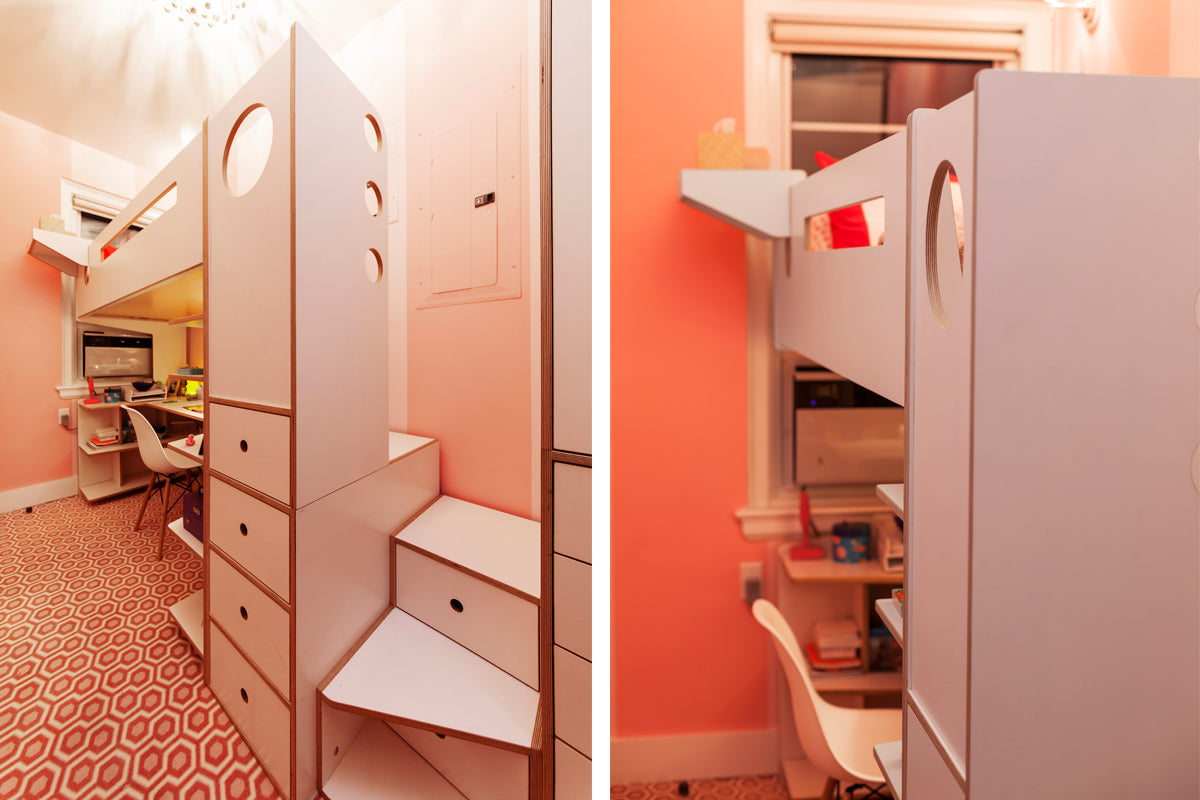 Modern children’s bedroom with loft bed, desk, and ample storage.