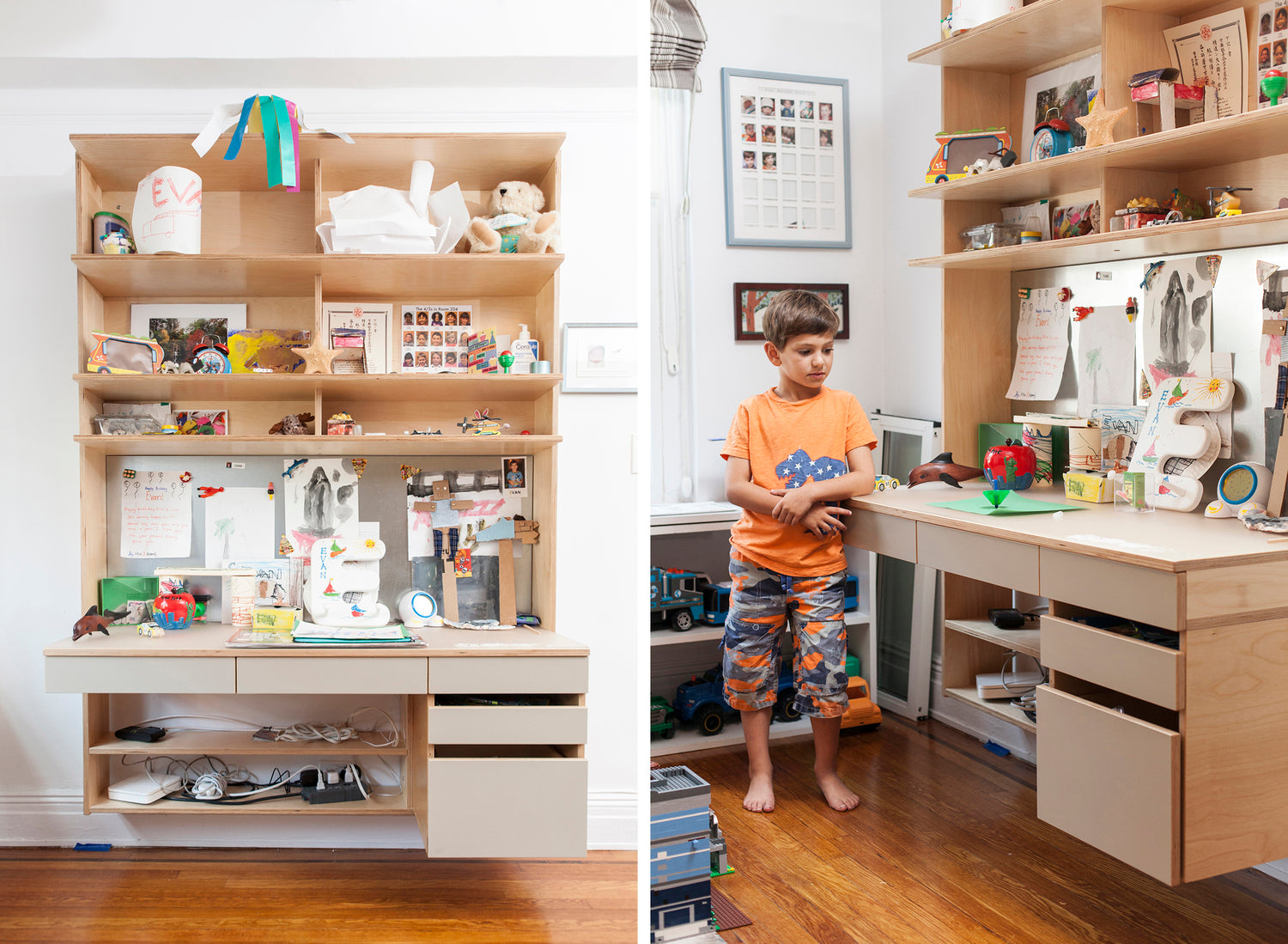 Before-and-after of a shelf, cluttered then organized, with child.
