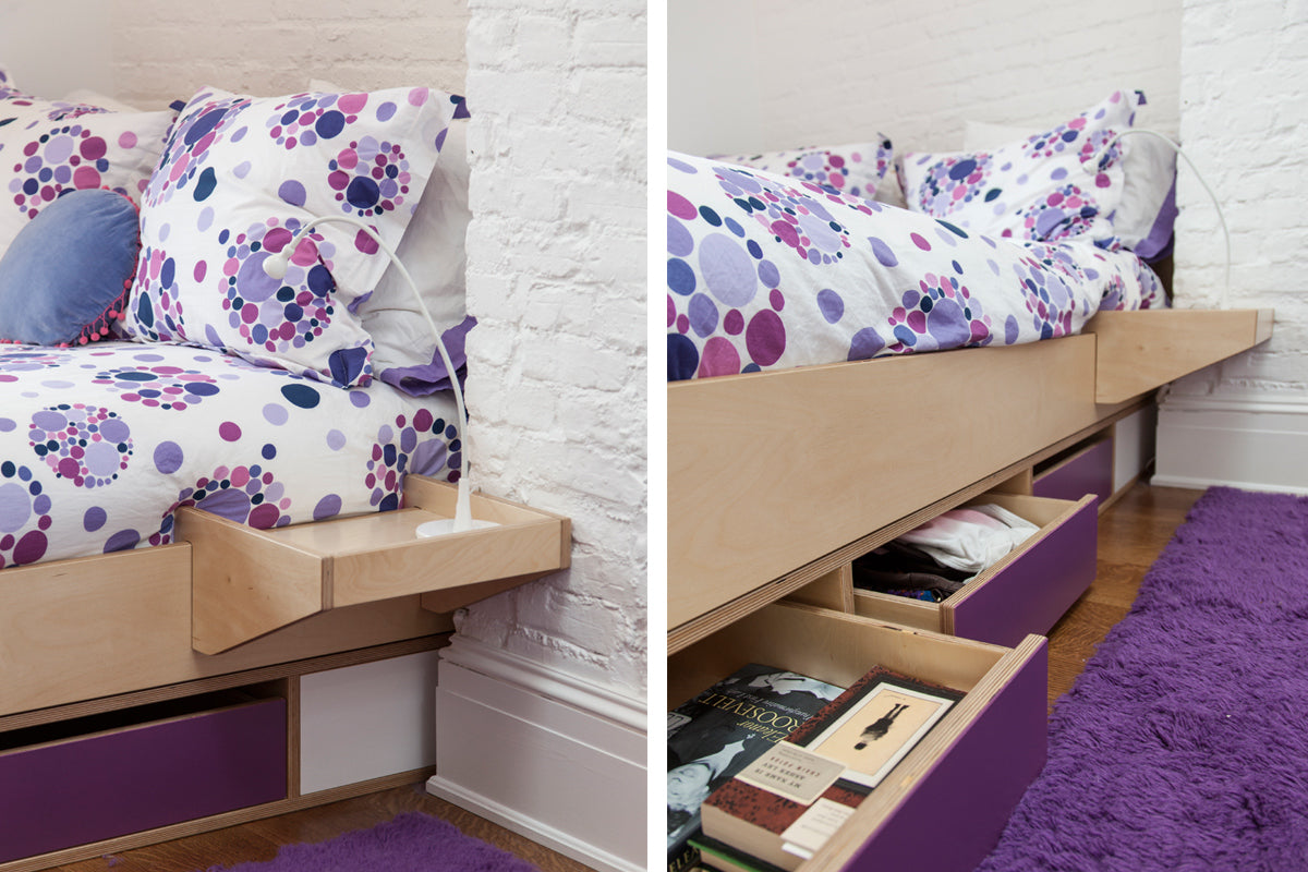  Cozy bedroom with bed, desk, bookshelves, purple rug.