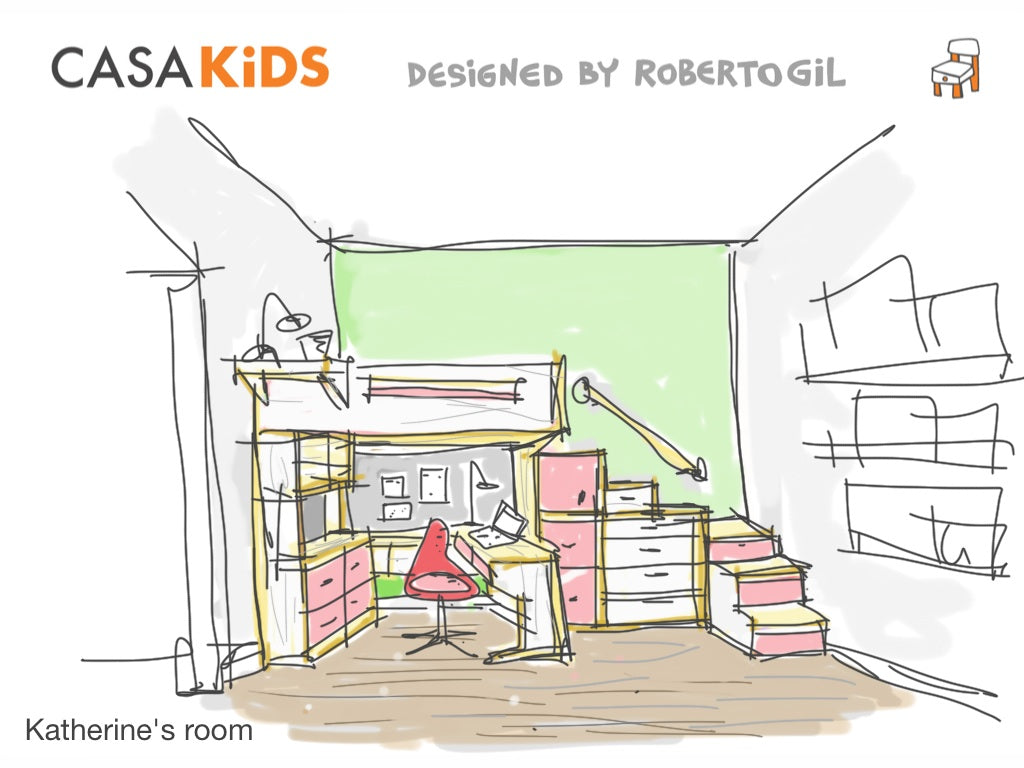 Sketch of a child’s room with a loft bed, desk, shelves, and pink drawers.