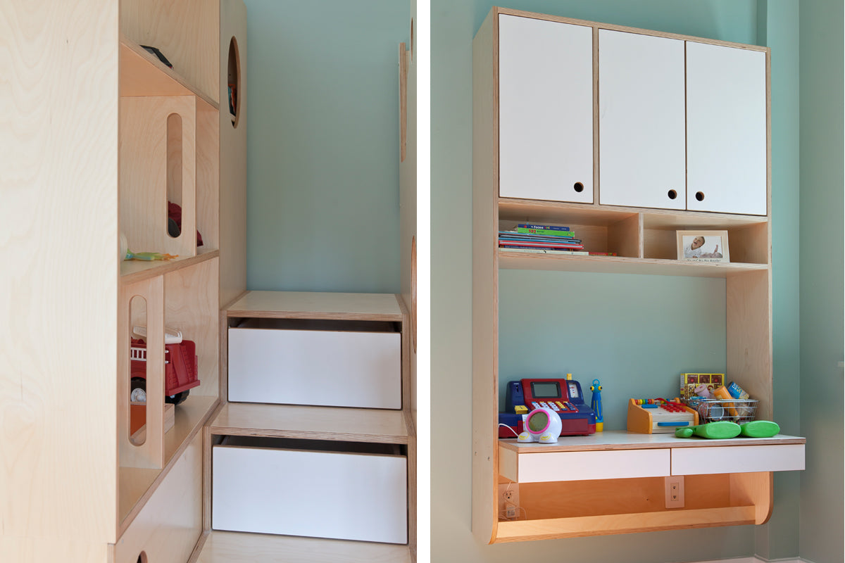 Before and after of a wooden shelf with toys and books, showing tidiness impact.